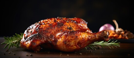 Canvas Print - Roasted chicken with rosemary and garlic on wooden board