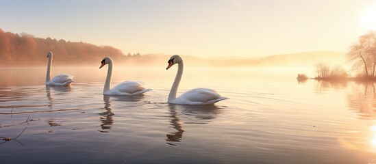 Poster - Graceful Swans Gliding Across Serene Morning Pond with Misty Sunlight Reflection