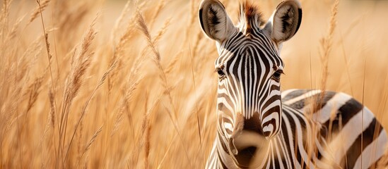 Canvas Print - Zebra observing camera in tall grass