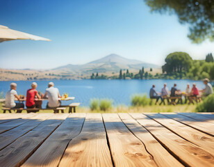 Wall Mural - wood table with lake and copy space