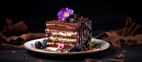 Canvas Print - Delicious and Colorful Slice of Cake with Fresh Fruits and Whipped Cream on a Plate