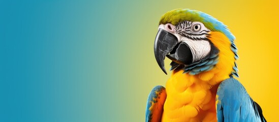 Poster - Colorful parrot perched on branch with blue and yellow backdrop