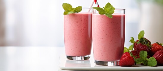 Sticker - Delicious Strawberry Milk Refreshment with Juicy Fresh Berry on Plate