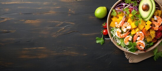 Sticker - Fresh shrimp salad with avocado, tomato, cucumber on white background