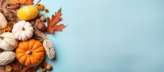 Poster - Colorful Autumn Background with Pumpkins, Leaves and Acorns on Blue Surface