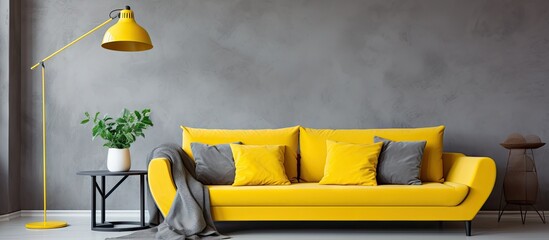 Poster - A yellow sofa surrounded by a lamp and a plant in a gray living space