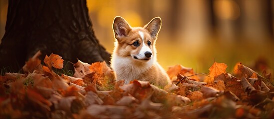 Wall Mural - A seated canine amidst autumn foliage