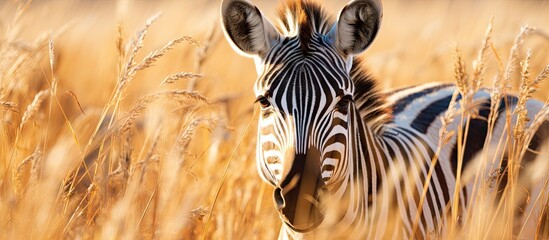 Canvas Print - Zebra standing in grass gazes at camera