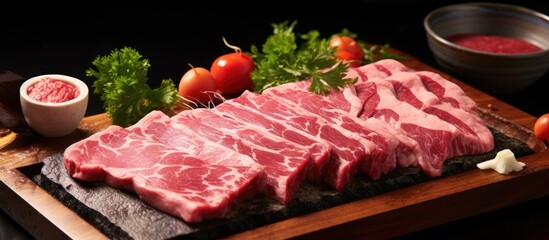 Canvas Print - Piece of meat on wooden cutting board with tomatoes and parsley