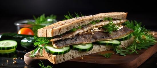 Sticker - A sandwich with beef and fresh veggies on a wooden cutting board