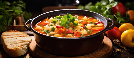 Poster - A bowl of soup with bread and assorted vegetables