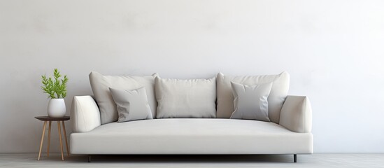 Poster - A close up of a white couch with pillows and a plant