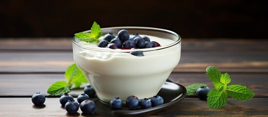 Canvas Print - A glass of yogurt with blueberries and mint