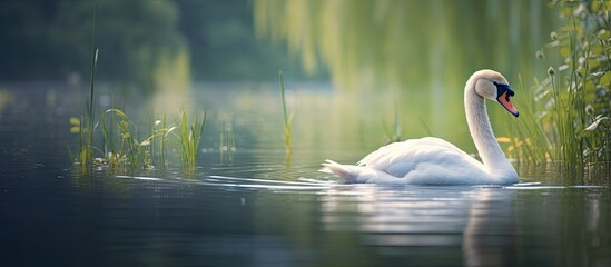 Wall Mural - A white swan swimming in water by tall reeds