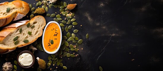 Sticker - A steaming bowl of soup served with bread and pumpkin seeds