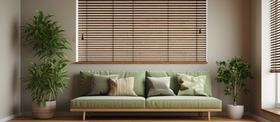 Wall Mural - Green couch in a living room with wooden blinds