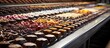 Chocolates arranged on conveyor belt