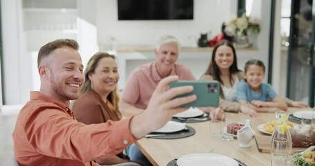 Wall Mural - Selfie, smartphone and family in dining room for lunch with happiness or bonding on visit, guest and excited for memories. Mature parents, home and table with food or meal, smile and fun on holiday