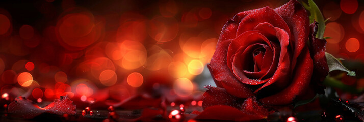 Wall Mural - A red rose on  dark blurred lights.  background Valentine's Day banner. empty space