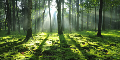  sun rays through the forest, sun beams in green forest background