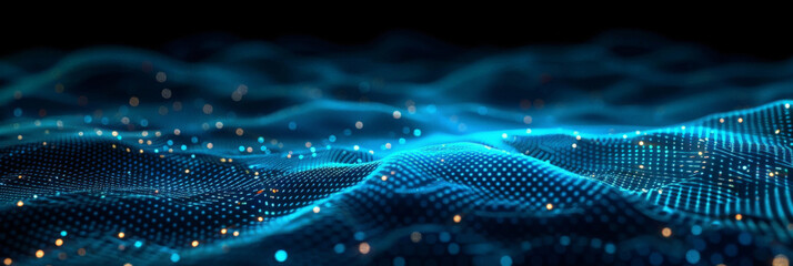 Abstract background with a blue digital mesh and dots on a dark background,blue wave data transfer futuristic technology concept.