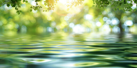 water and green trees with sunlight reflections on Blurred nature landscape background ,banner. Abstract blurred spring or summer nature background. 