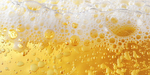  close up of yellow beer with white foam, beer texture background,banner