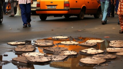 Wall Mural - Cityscape reflections in puddle after rain - urban city street water mirror landscape photography