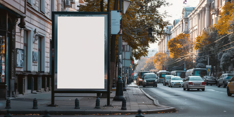 Canvas Print - A blank white billboard  at bus stop on street, for advertising mockups and urban city concepts and presentations.Mock up Billboard Media Advertising Poster banner template at Bus Station city street