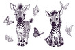 Little monochrome children zebras and butterflies. Isolated on white background. Vector illustration