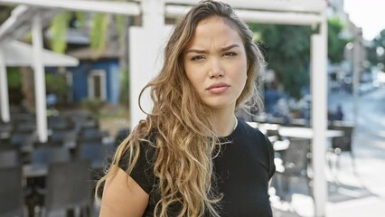 Wall Mural - Young beautiful hispanic woman standing with serious expression at coffee shop terrace