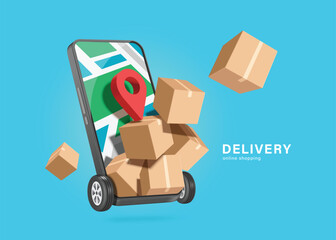 Sticker - delivery, online shopping concept ,parcel or cardboard box, red pin location floating out of GPS map on smartphone screen and wheels on bottom look like delivery truck, vector 3d illustration isolated