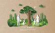 Happy Arbor Day, Family help with tree growth and maintenance, save the planet , paper illustration, and 3d paper.
