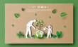 Happy Arbor Day, father and daughter help water a tree that emerging from the earth, save the planet , paper illustration, and 3d paper.
