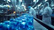 © Riz - In the sterile environment of a pharmaceutical manufacturing line, technicians monitor the precise filling of blue bottles under strict quality control.