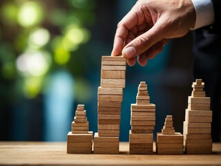 Photo depicts a hand skillfully building a tower from wooden blocks, symbolizing growth and development