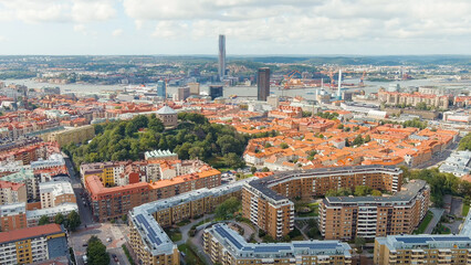 Gothenburg, Sweden. Skansen Kronan - A fortress on a hill with panoramic views of the city. Panorama of the city. Summer day. Cloudy weather, Aerial View