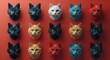 3D renders cat heads of different color isolated on black background