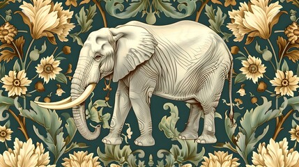 Wall Mural - Vintage elephant illustration on floral patterned background. perfect for textile design, wallpaper. classic elegance. AI