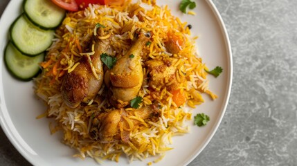 Wall Mural - Chicken biryani on a white plate