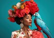 Portrait of young amazed American woman, wears cool dress and flower hat, stands over red background, bird