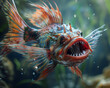 Dramatic portrayal of a dragonfish in mid-jump from a water pool sharp teeth bared for the catch