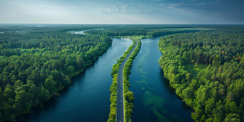 Wall Mural - Aerial view of a road in the middle  lake and forest on both sides, road in forest with lake background