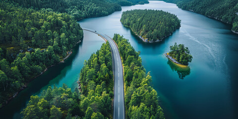 Wall Mural - Aerial view of a road in the middle  lake and forest on both sides, road in forest with lake background