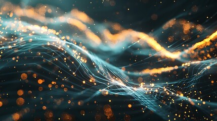Wall Mural - abstract energy waves with particles on a dark background. dynamic flow of glowing lines. ideal for 