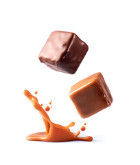 Wall Mural - Caramel candy and chocolate candy with caramel splash on white backgrounds