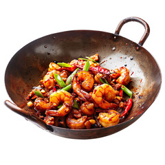 Wall Mural -  front view of tempting Kung Pao Shrimp in a classic wok, food photography style isolated on a white transparent background. 