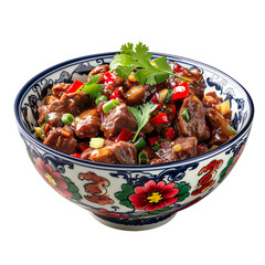 Wall Mural - front view of tempting Sichuan Cumin Lamb in an elegant porcelain bowl, food photography style isolated on a white transparent background. 