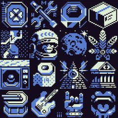 Poster - Abstract cyberpunk pixel art background. Design application. 1-bit. Video game sprite. Game assets. Vector illustration. Design for web,  logo, sticker, mobile app.