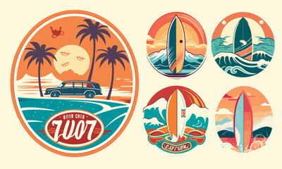 Wall Mural - Retro Surf logo templates set. Vintage logo with surfing board, sea and sun.